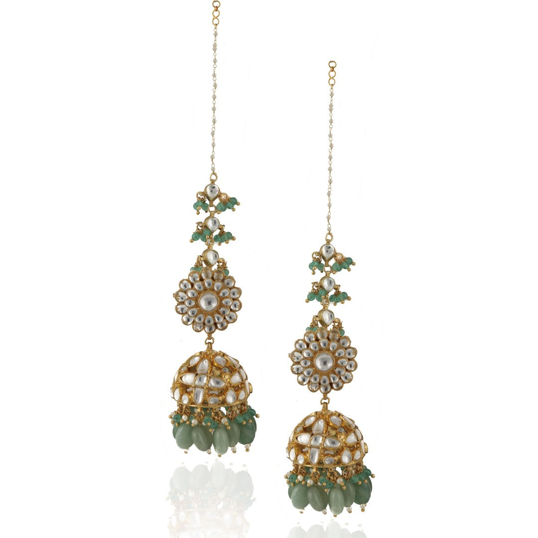 White Stone Jhumki And Sea Green Beads With White Hanging Atteched Ear Chain