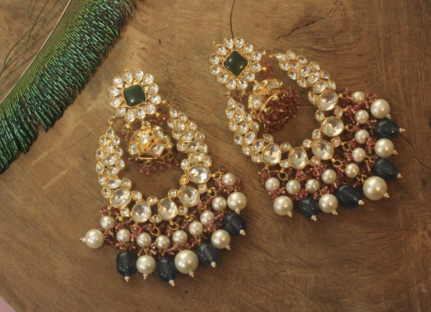 Blue beads and pearl bedaded earrings