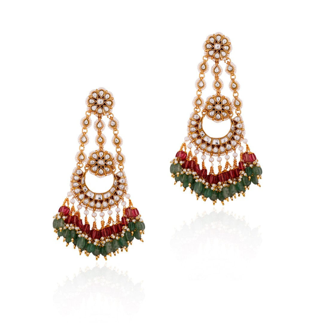Riana gold plated green pink colour party wear long designer dangler earrings