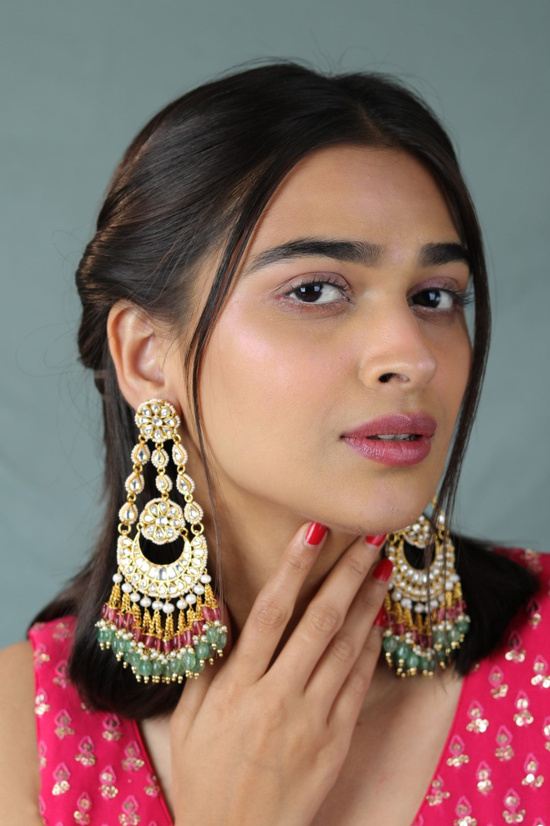 Riana gold plated green pink colour party wear long designer dangler earrings