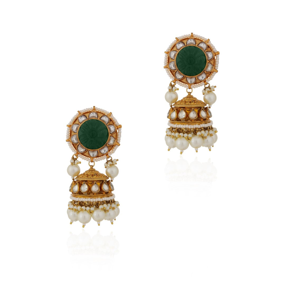 Green white jhumka with handcrafted semi precious gem stones