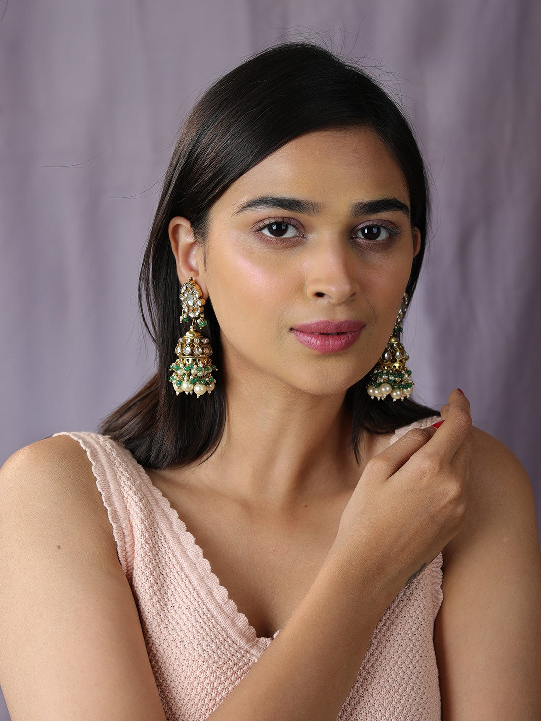 Gold finish occassion wear white pearl jhumka
