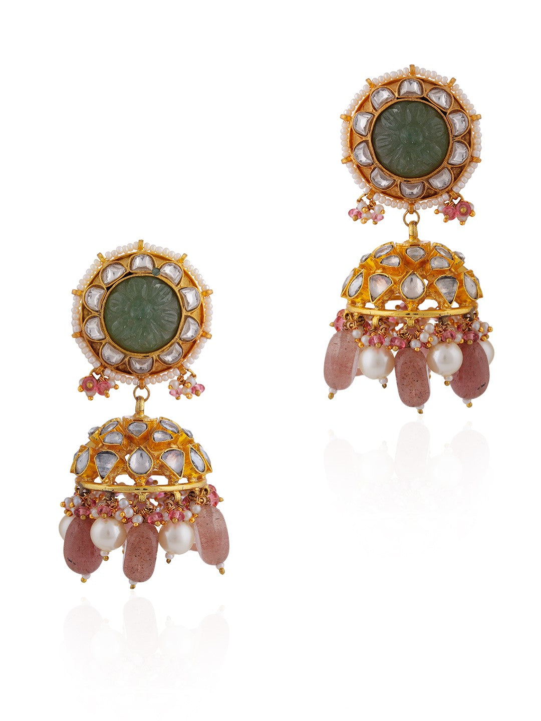 pastel jhumki earings studded with jade and white polki stones