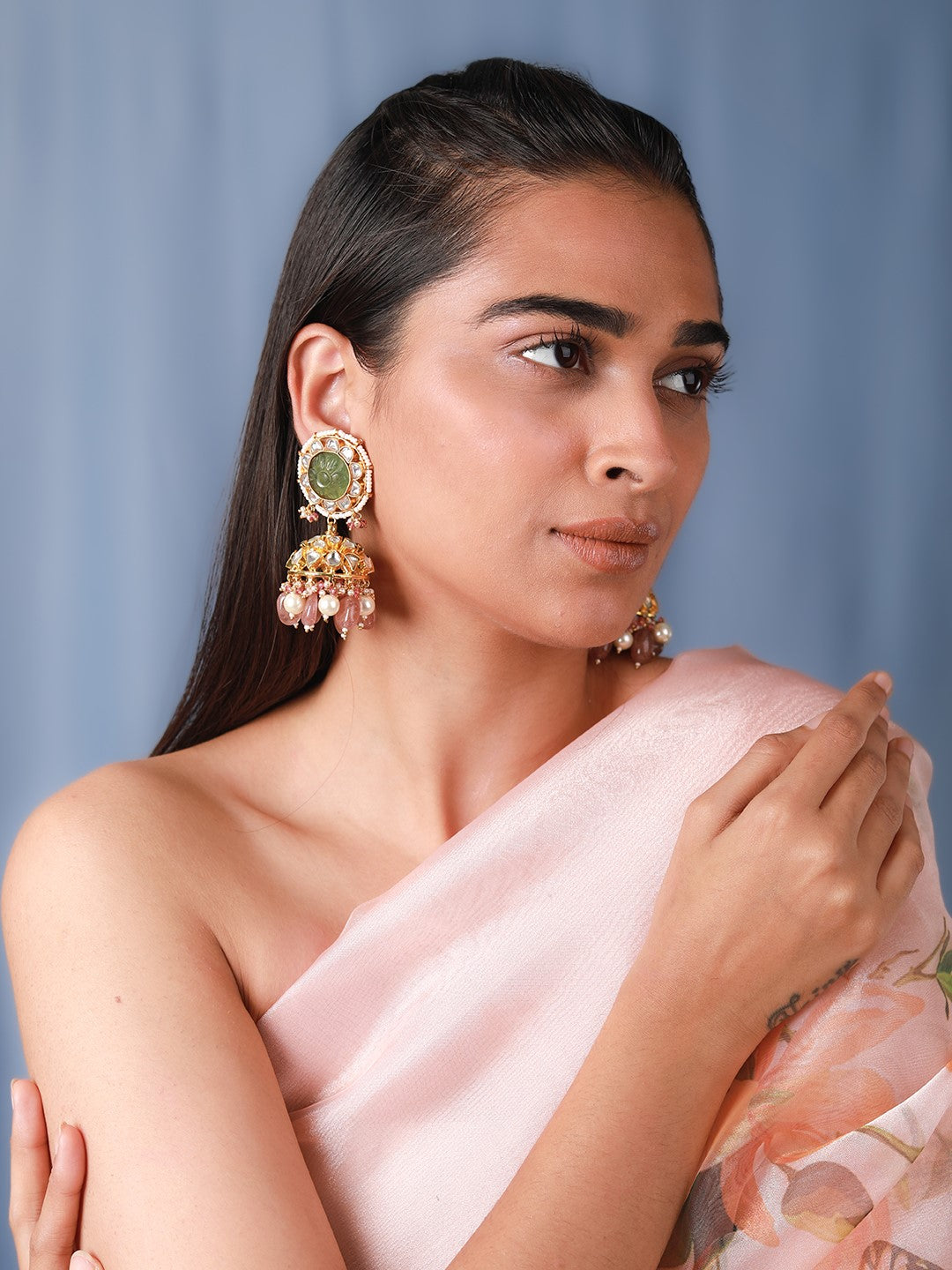 pastel jhumki earings studded with jade and white polki stones