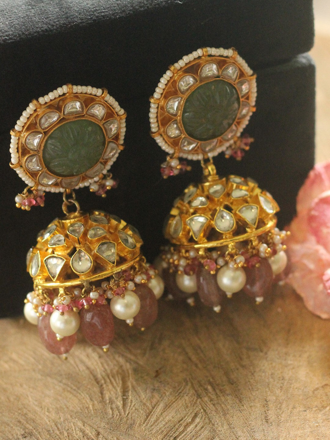 pastel jhumki earings studded with jade and white polki stones