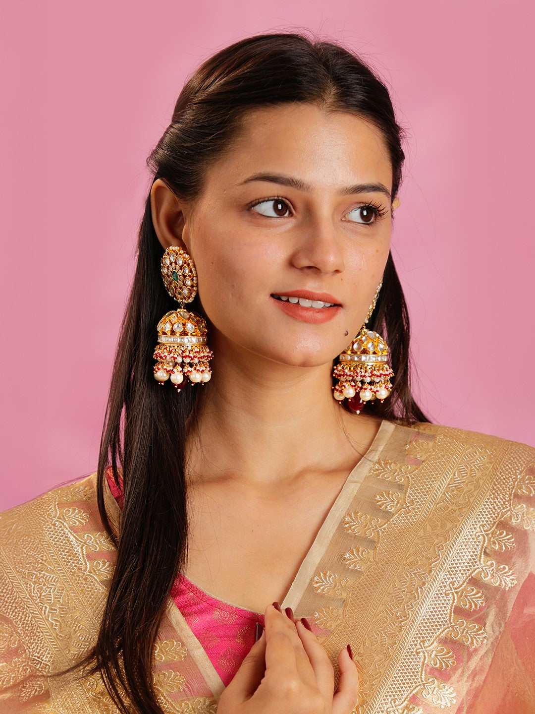 Red & green gold plated jhumka