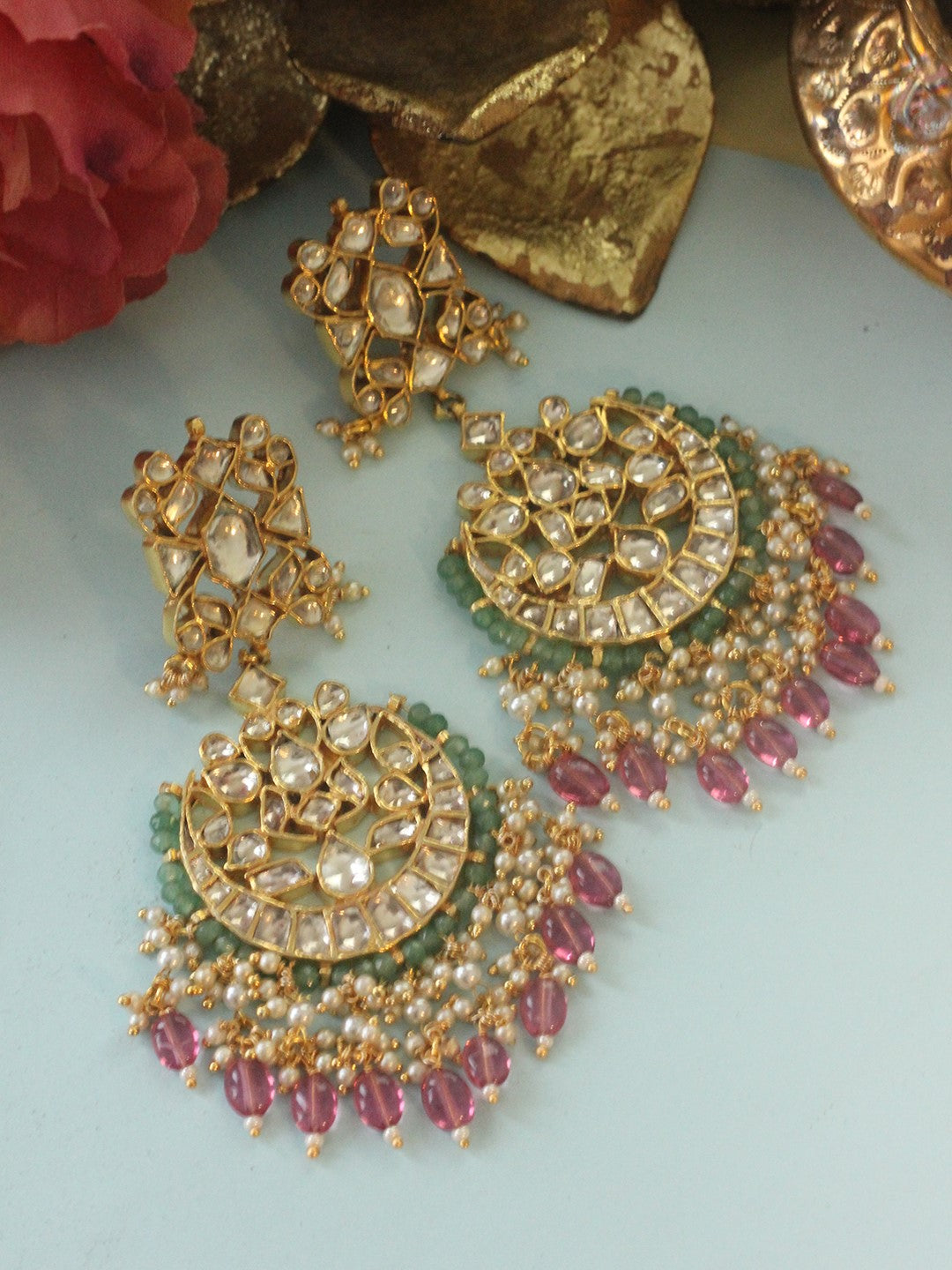 Gold plated pink beads dangling earrings
