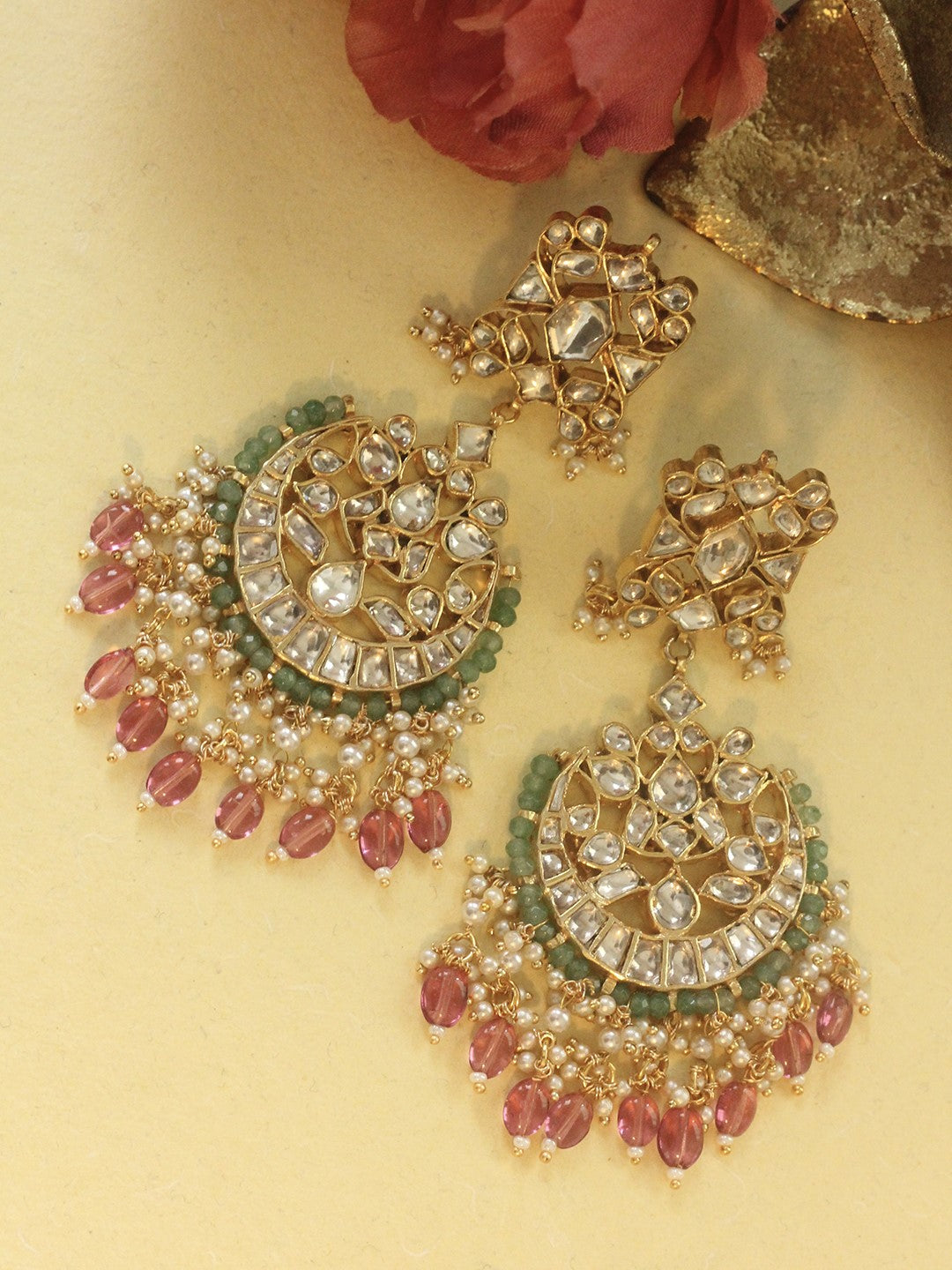 Gold plated pink beads dangling earrings