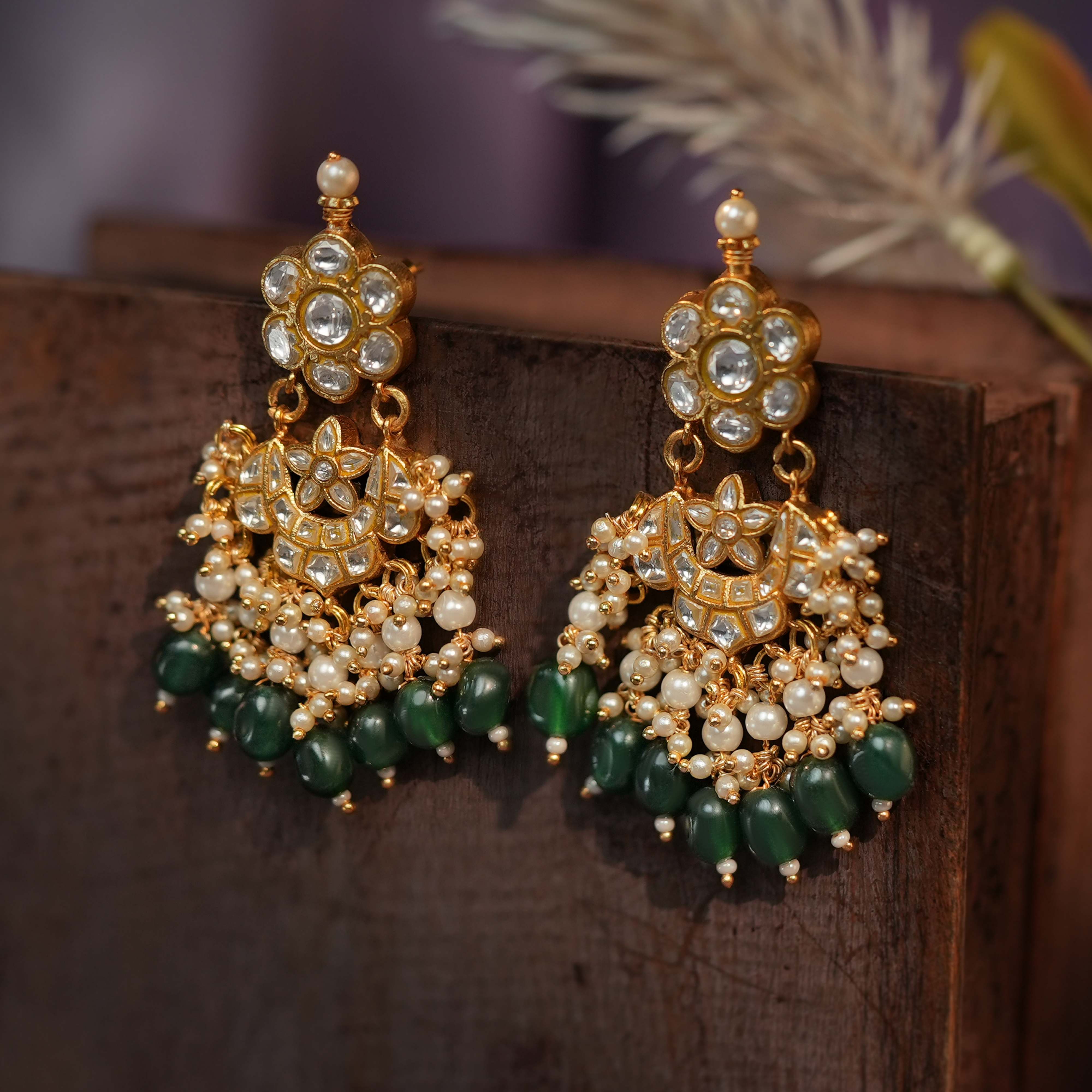 Noor-e-Kundan emerald drop earrings