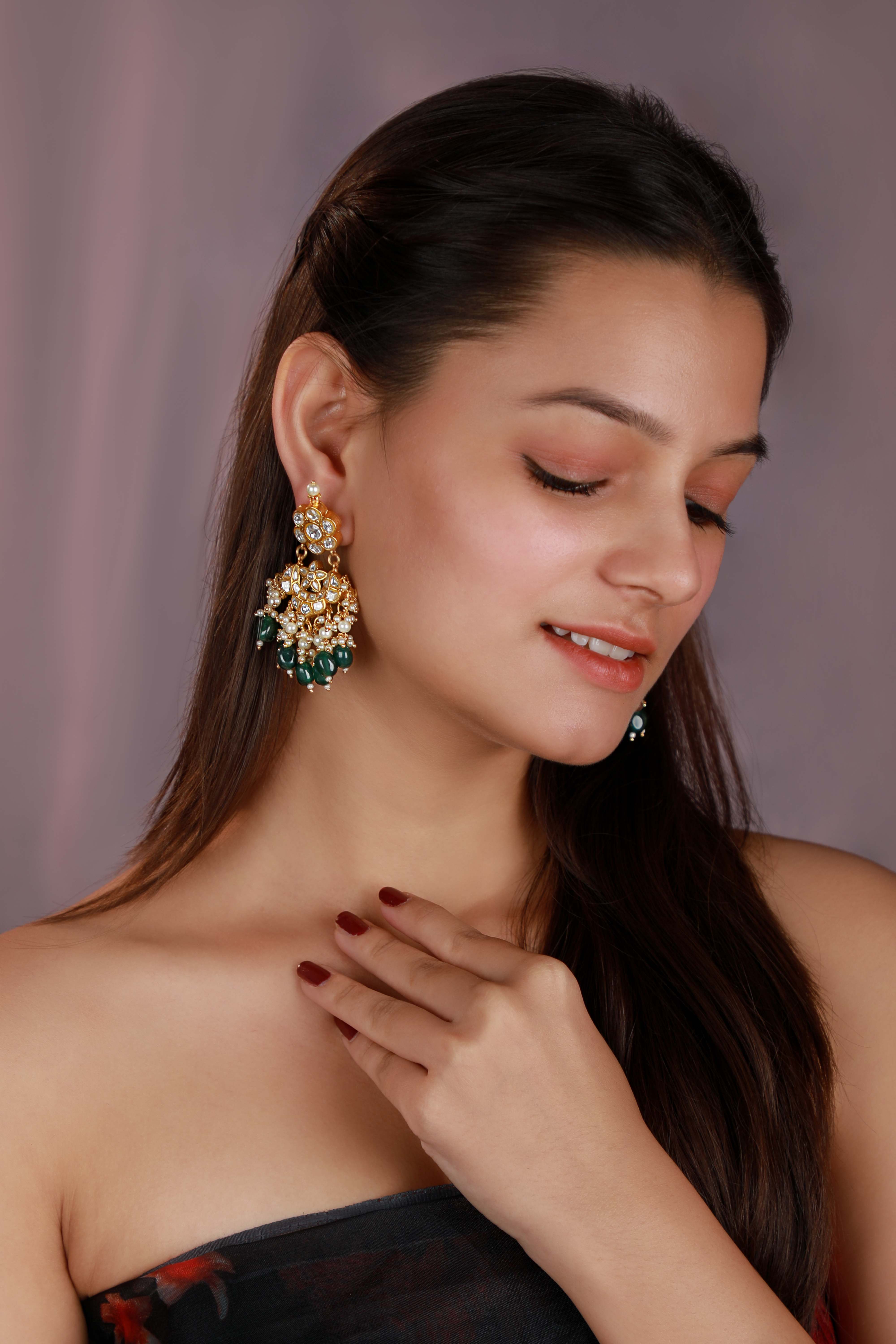 Noor-e-Kundan emerald drop earrings