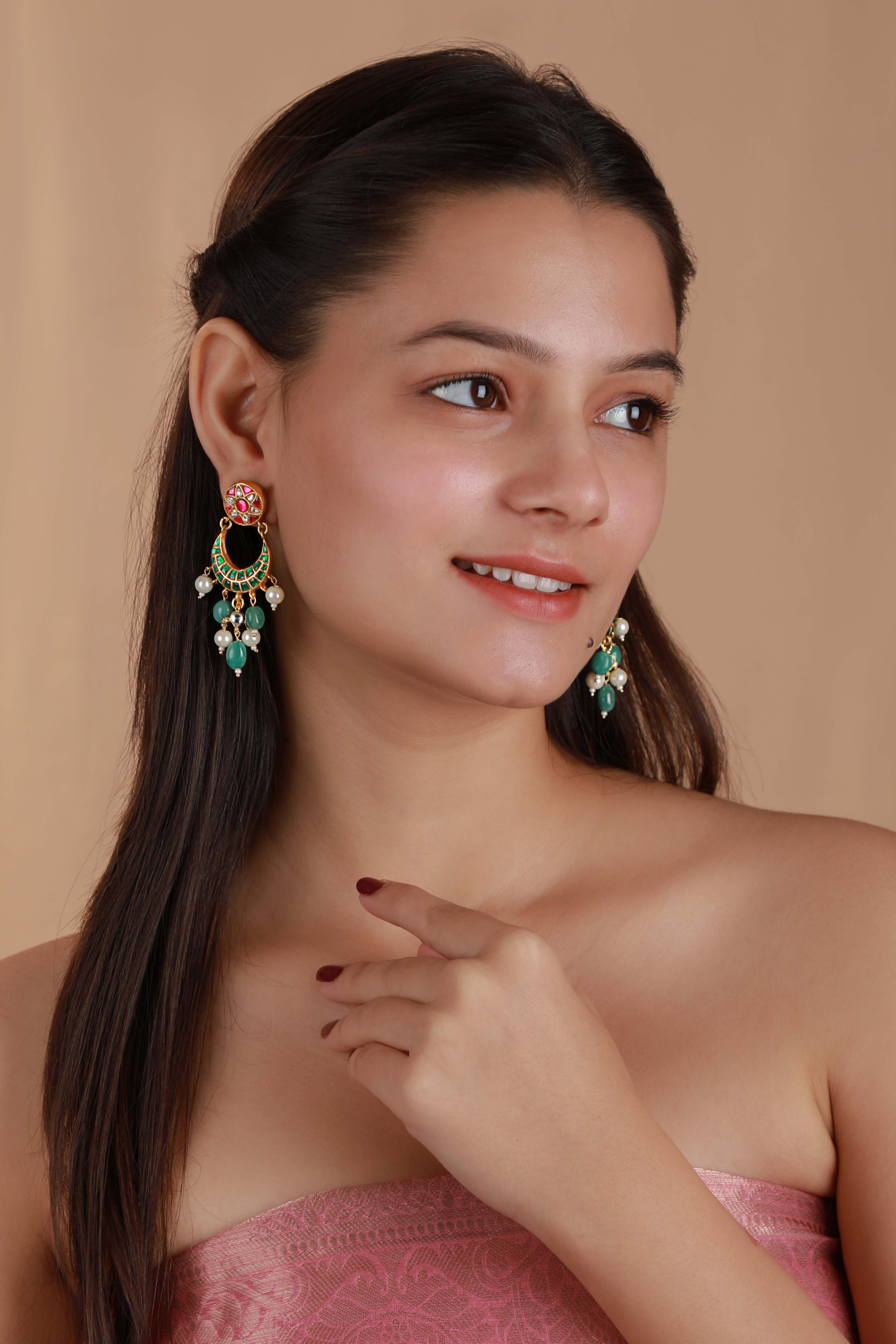 Gold Plated pink green chandbaali