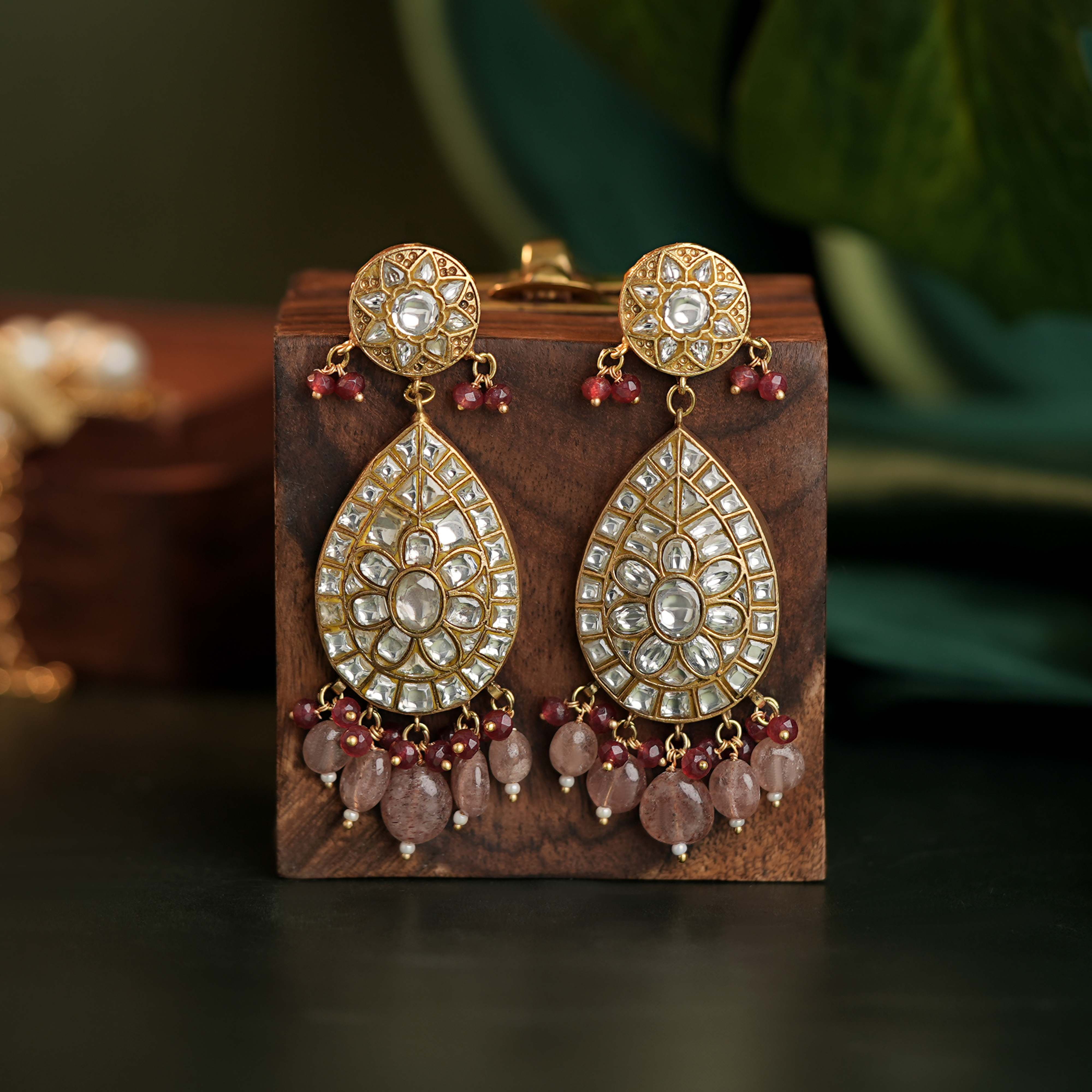 white Jadau Earrings with Pink beads