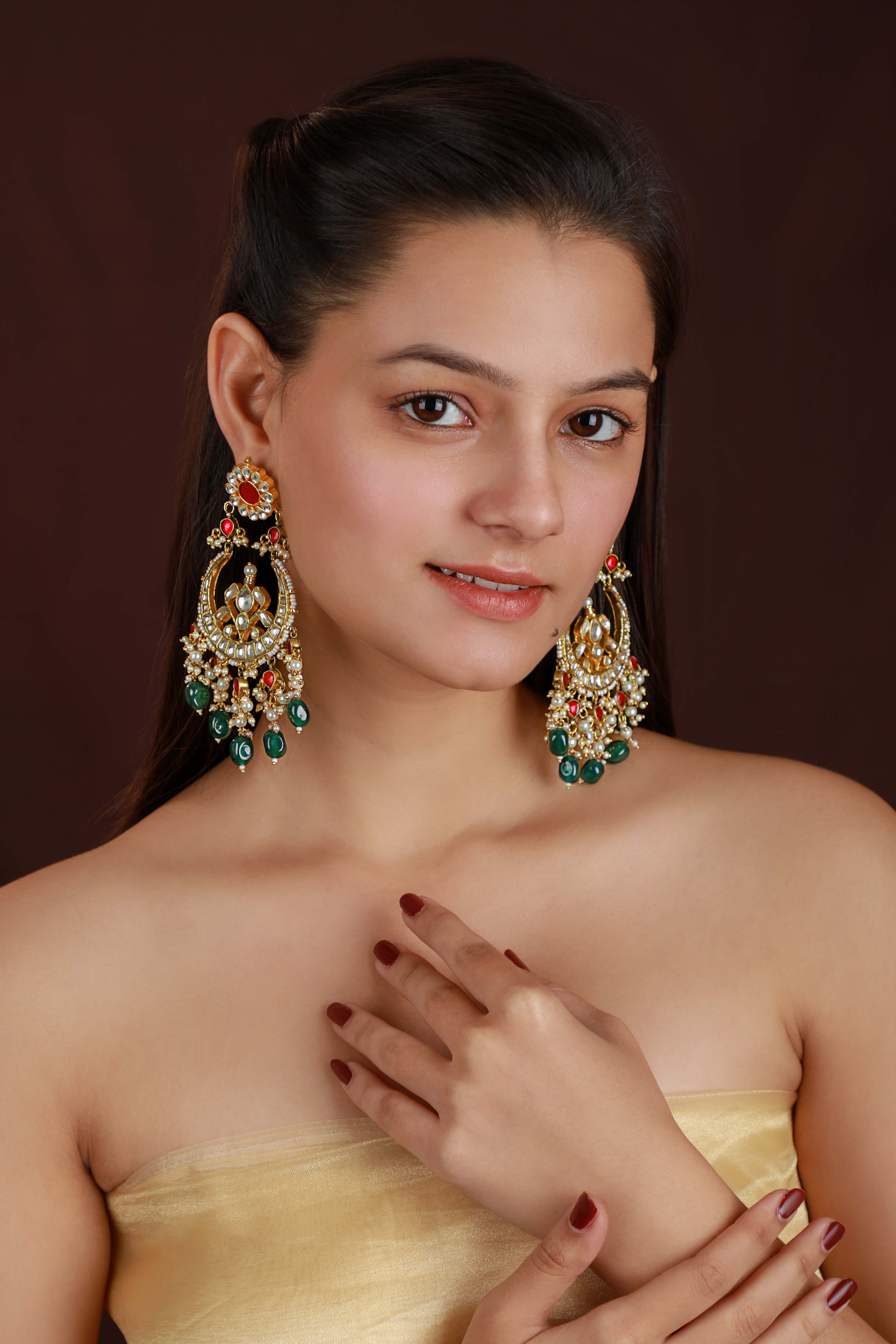 Jadau pink and green chandbaali