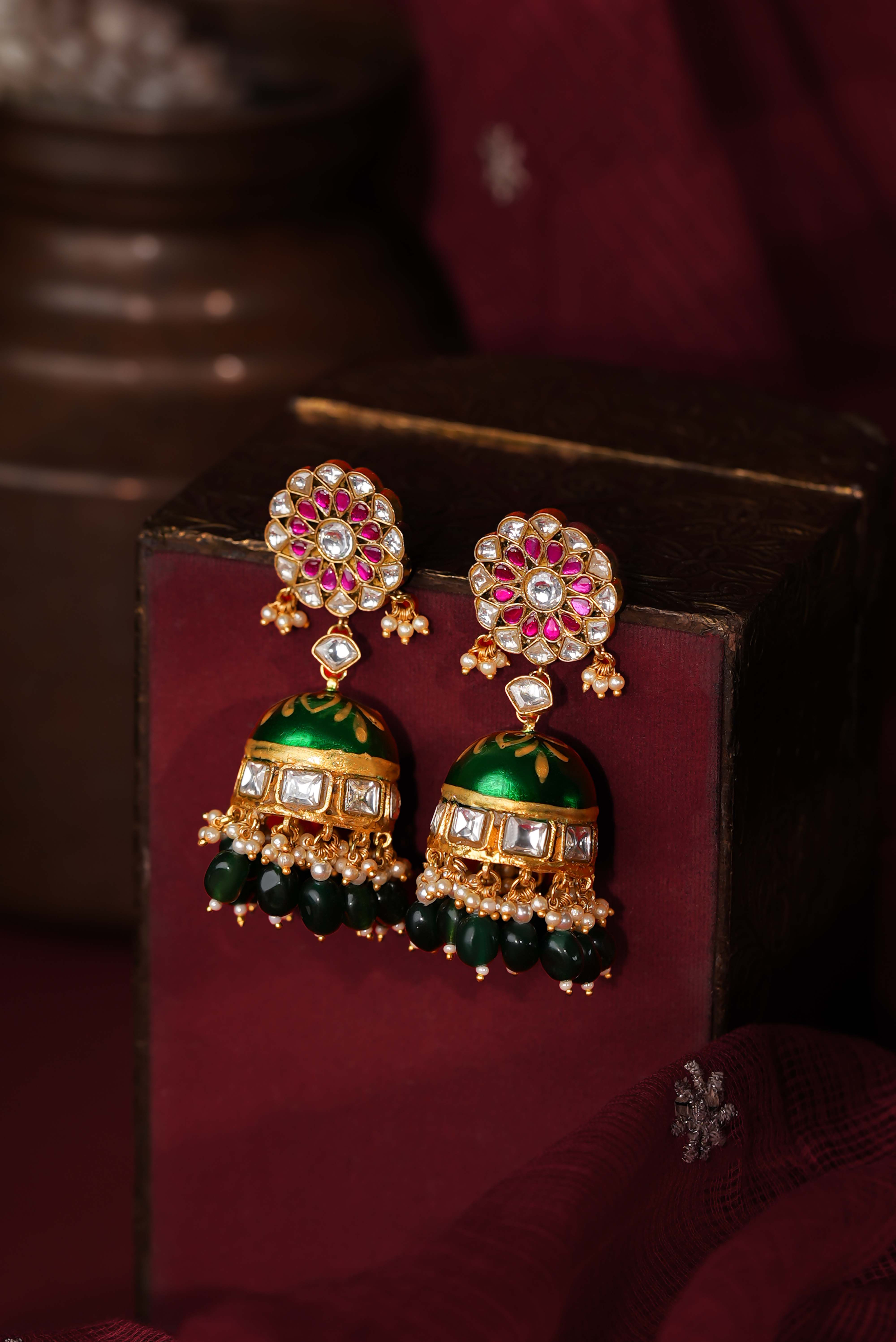Floral Ruby jhumki with Mina work