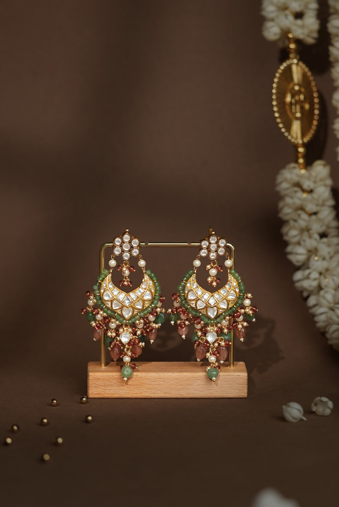 Semi precious sea green stone chandbali earrings