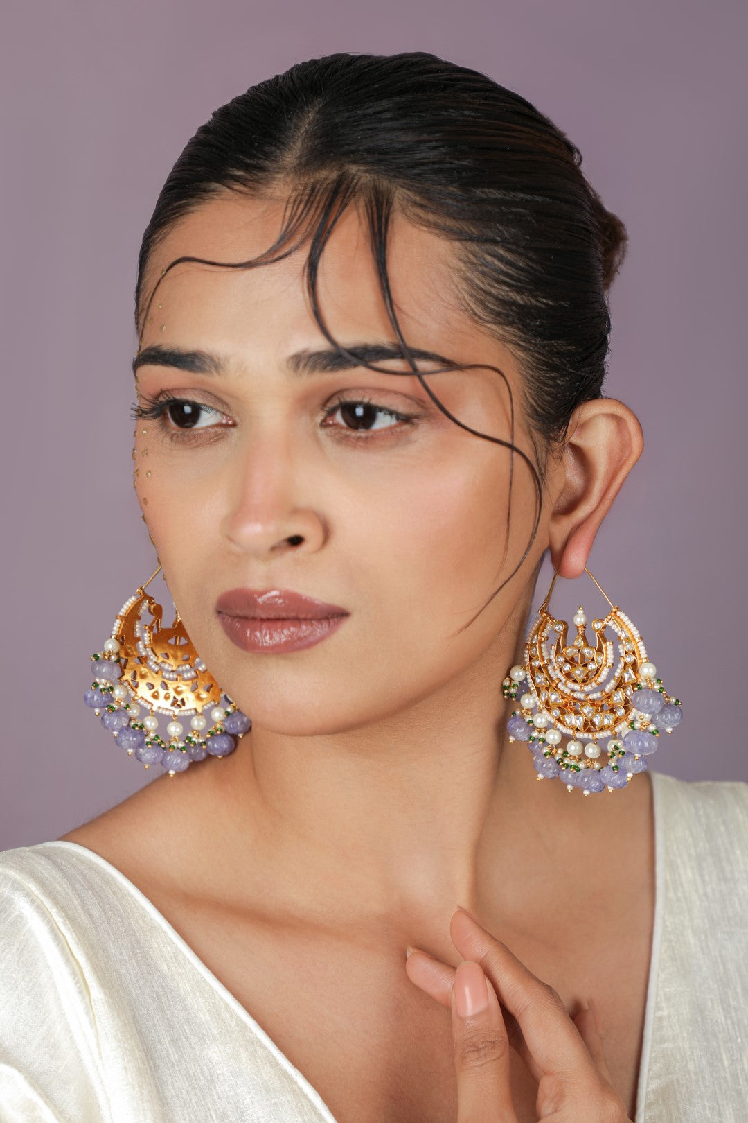 Gold tone plated purple saphire beads chandbaali