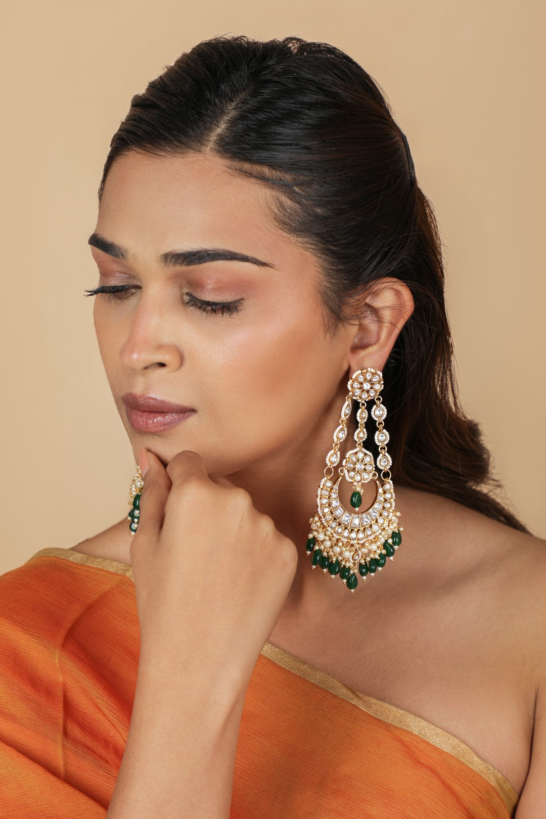 Emerald green beaded long chandbaali earrings