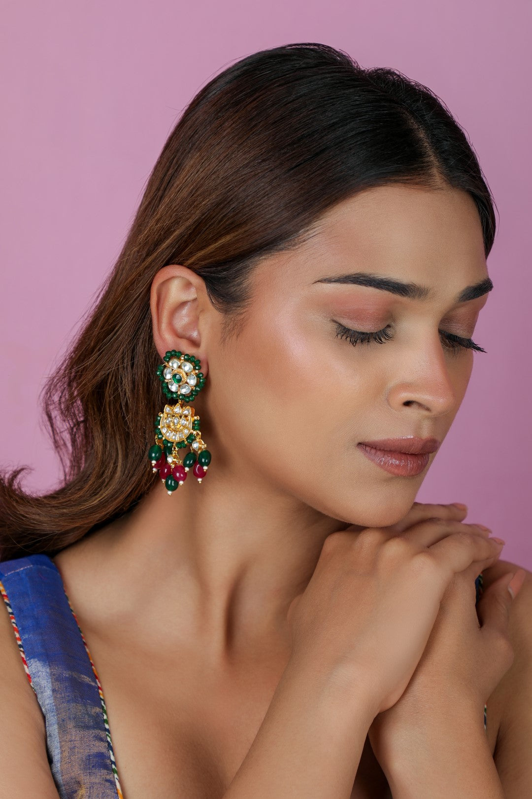 Ruby and emerald delicate chandbaali earrings