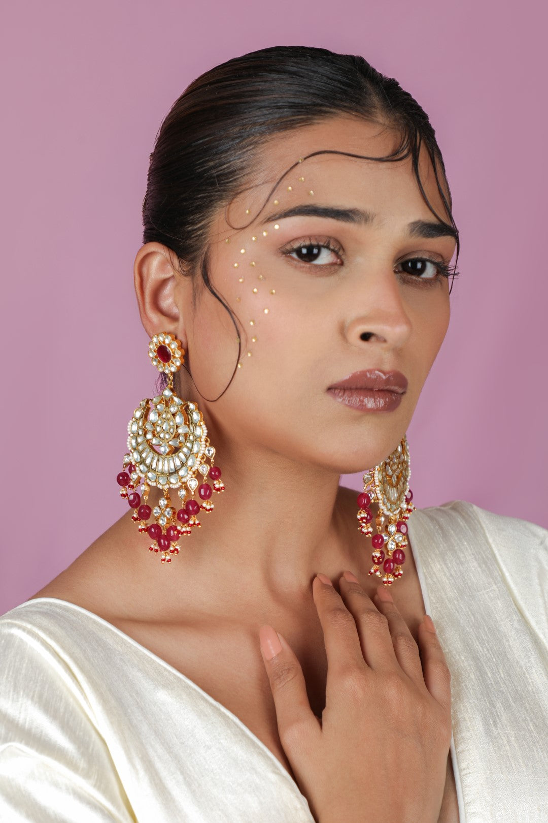 Ruby pink beaded festive wear chandbaali earrings