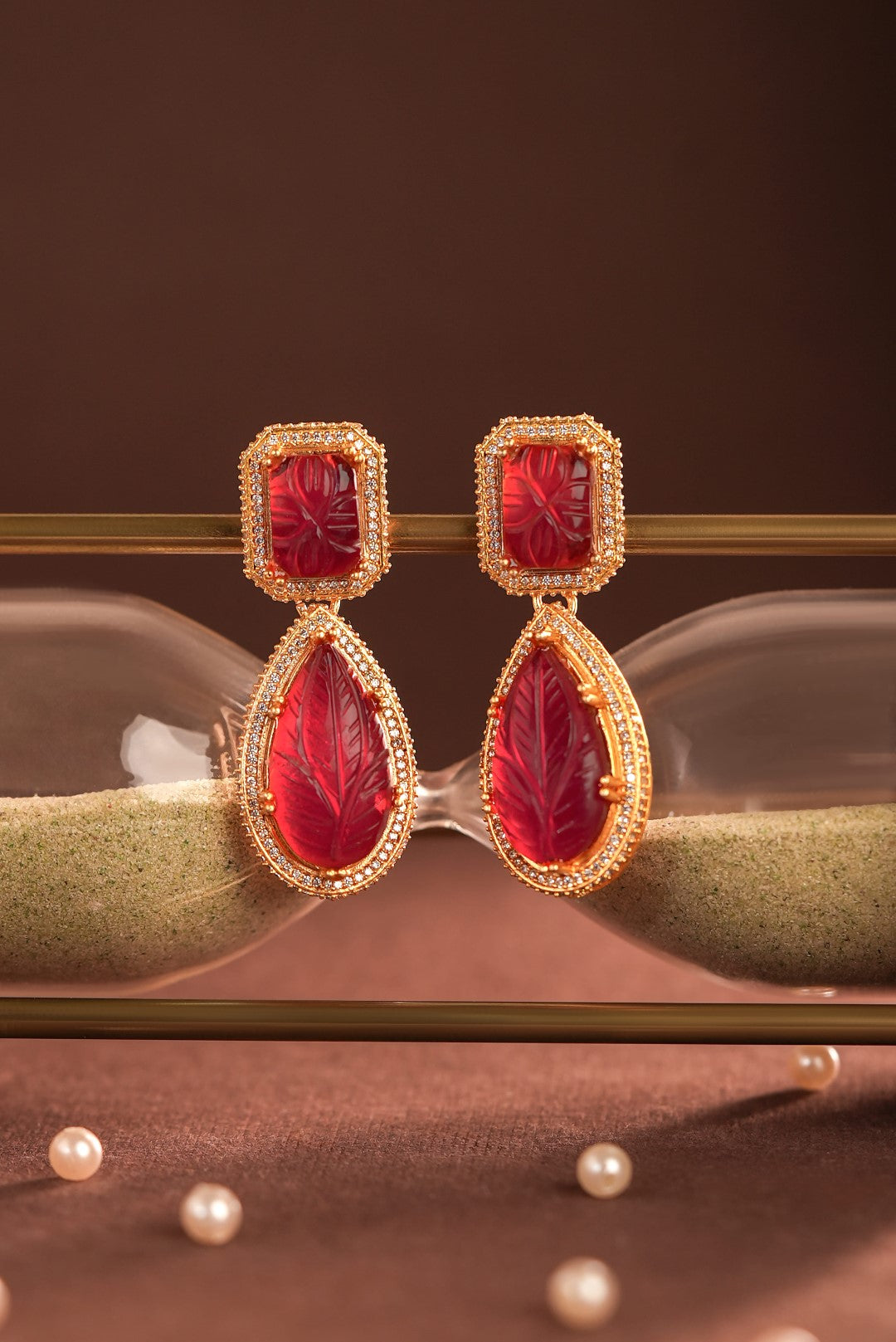 Red Carving stone design gold plated Earrings