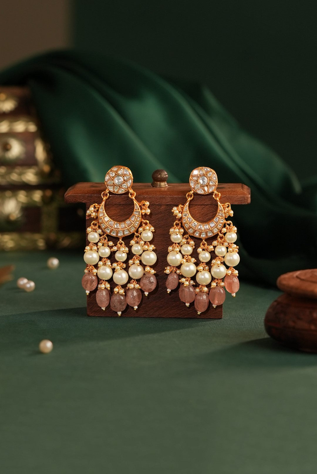 Pastel pink Beaded jadau chandbaali