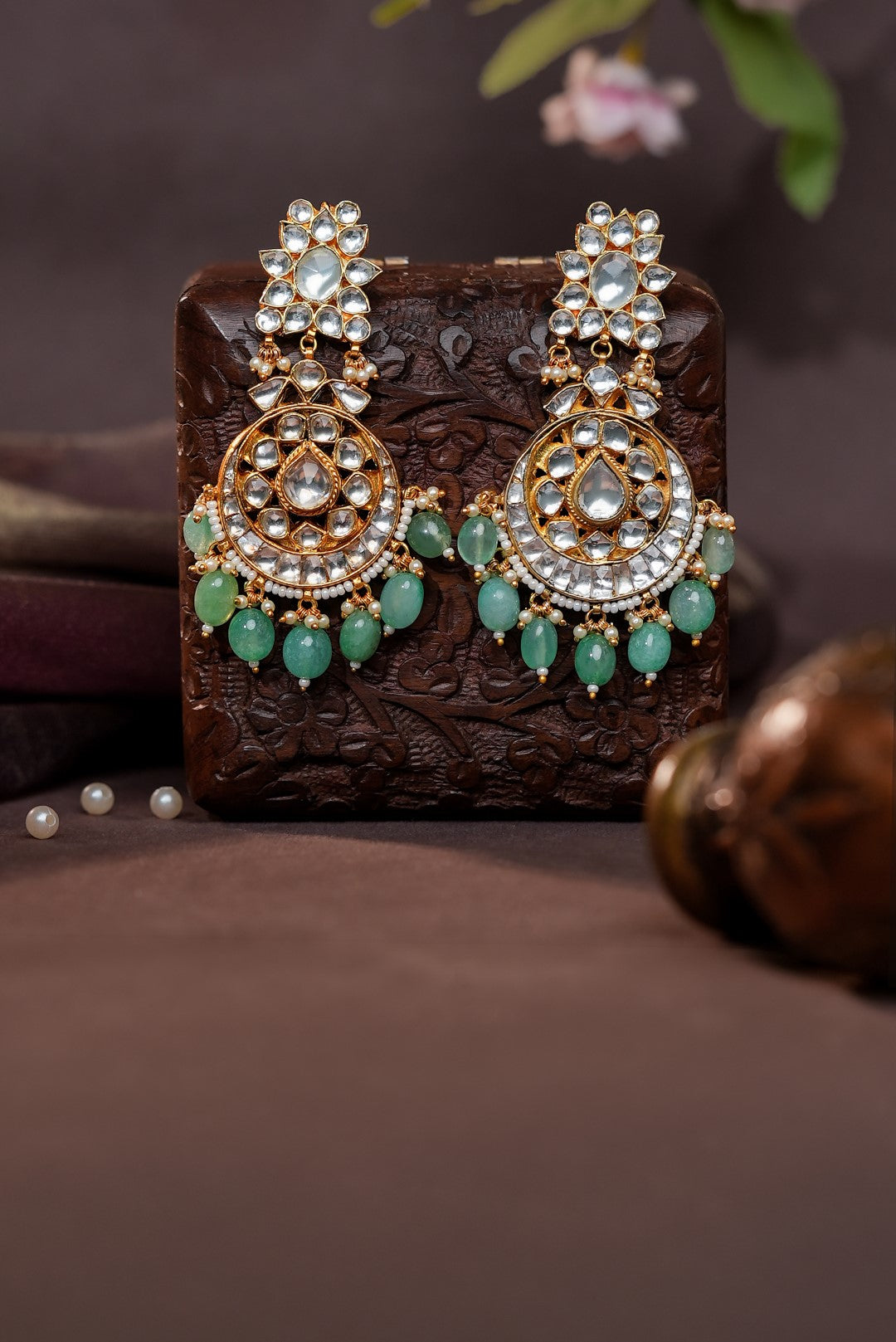 Traditional Jadtar Stone & Green Bead Danglers