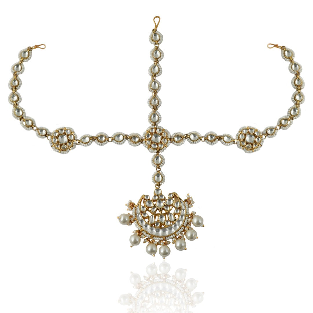 White Pearl Beaded Gold Plated Maangtikka