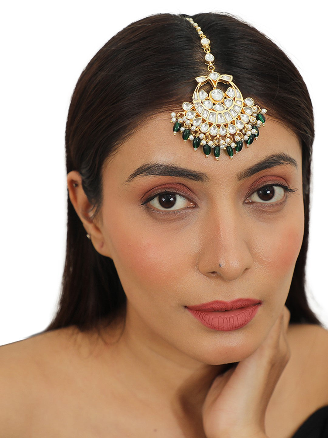 Green Hangings Gold Plated Maangtikka
