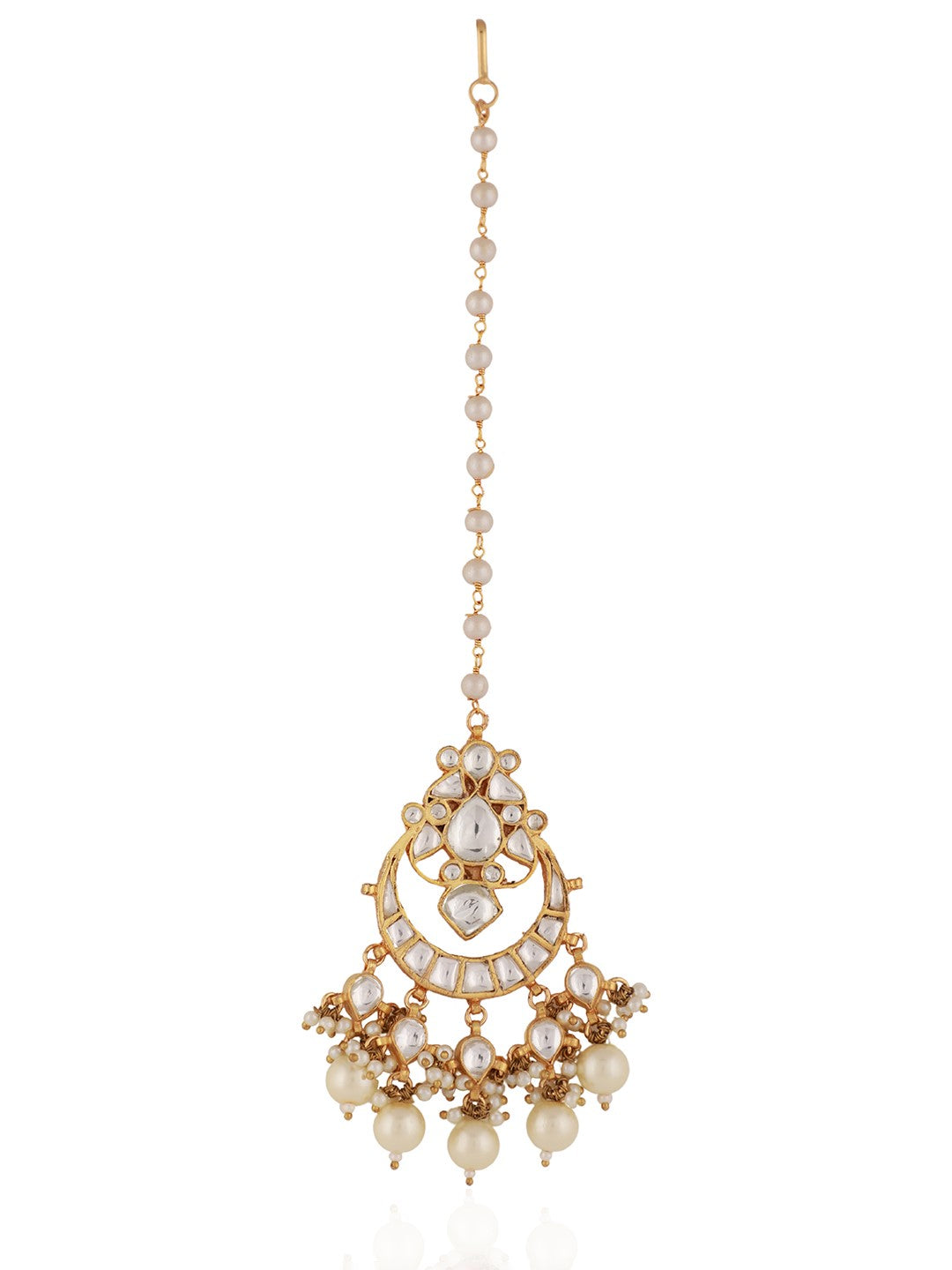 Gold finish white pearl jadtar maangtika