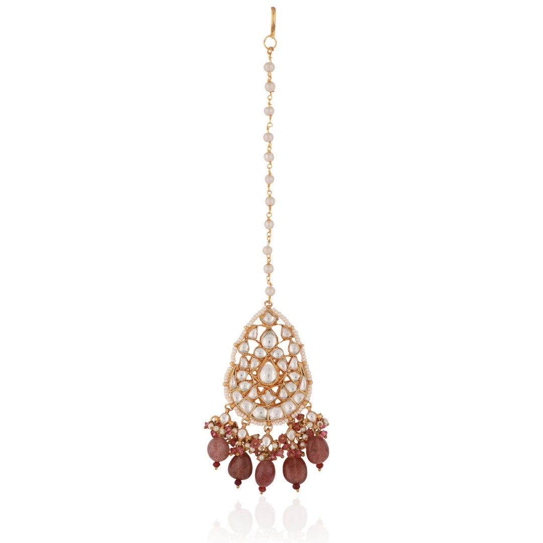 Pastel pink bead gold plated maangtikka