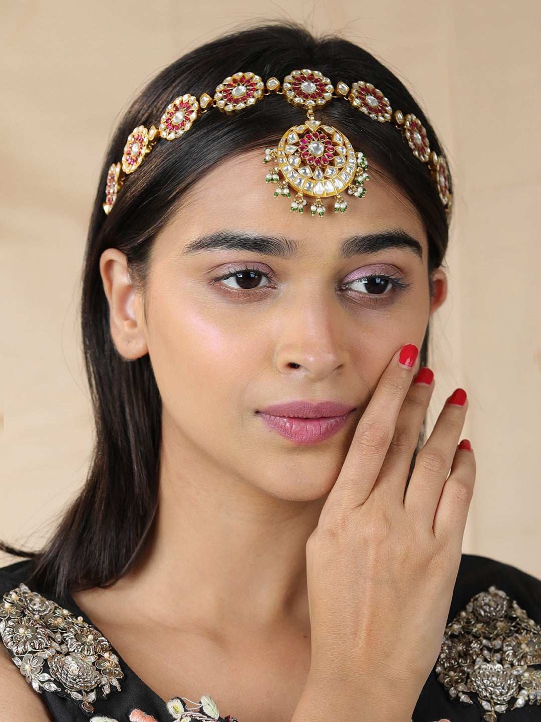 Rajasthani royal pink green uniquely handcraftedbold jadau mathapatti