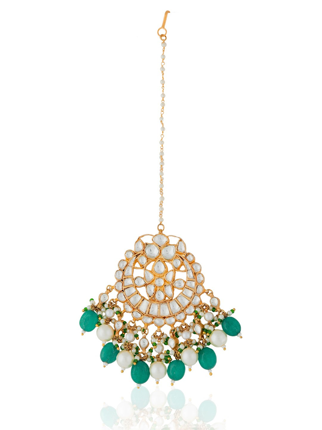 Gold finish jadtar green white maang tikka