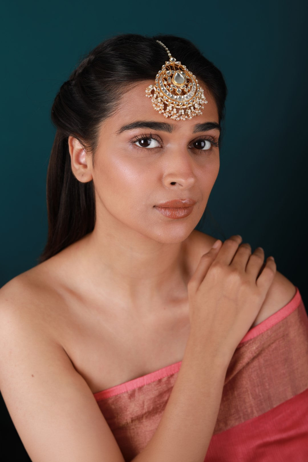 Gold plated pearl and jadtar studded maangtikka