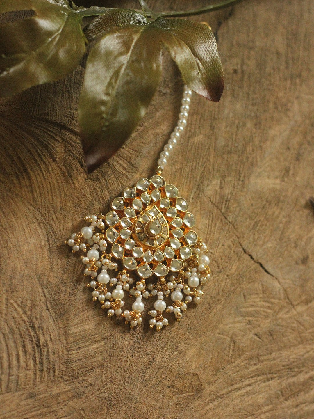 Riana traditional gold plated pearl beads jadtar maang-tikka
