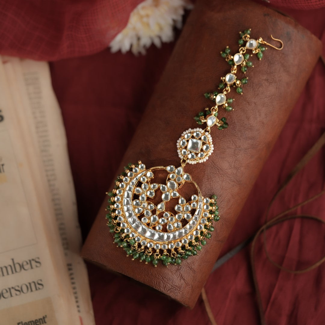 Gold plated sea green hangings tikka