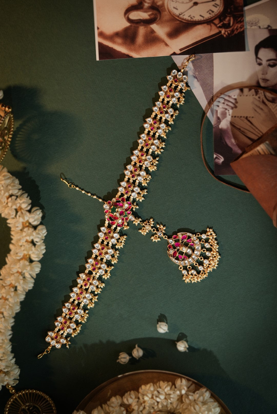 Peacock design pink & Green gold plated Mathapatti