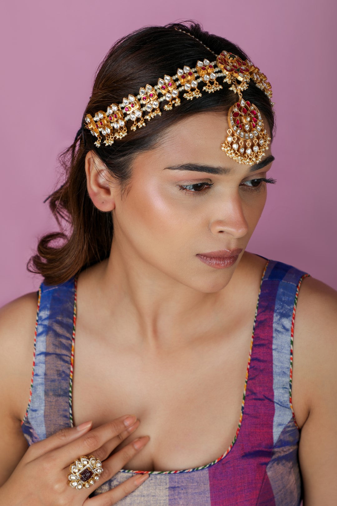 Peacock design pink & Green gold plated Mathapatti
