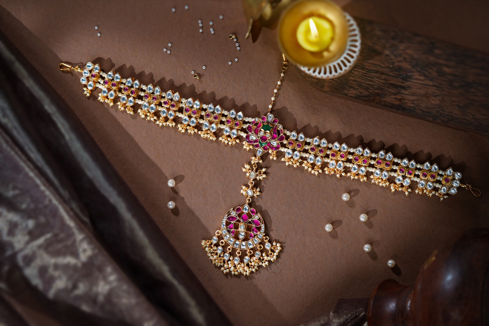 Peacock design pink & Green gold plated Mathapatti