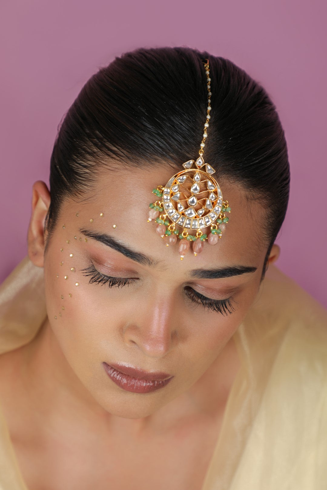 Pastel pink beaded maangtika
