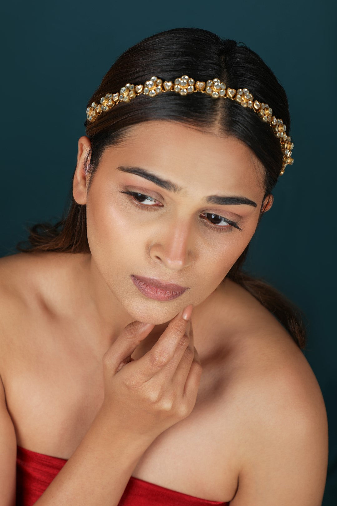 Floral chain hairband with kundan pachi stones