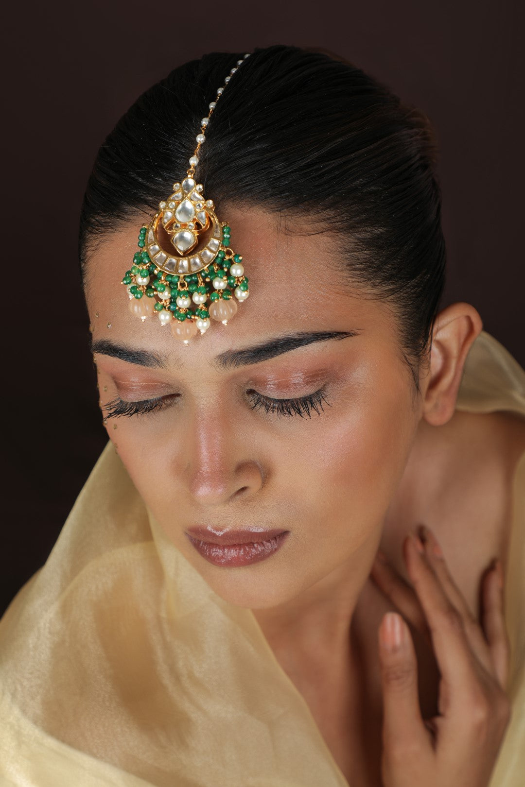 Gold-Plated Green Maang Tikka