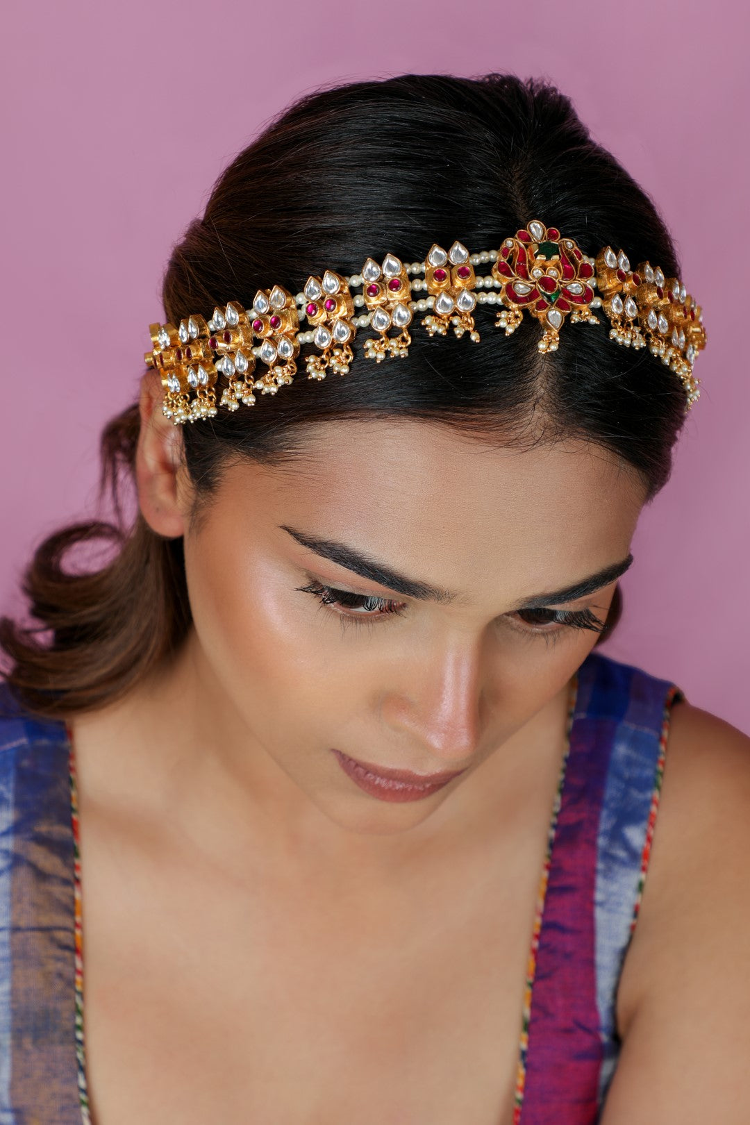 Traditional Ethnic Pink & White Pearl Hairband
