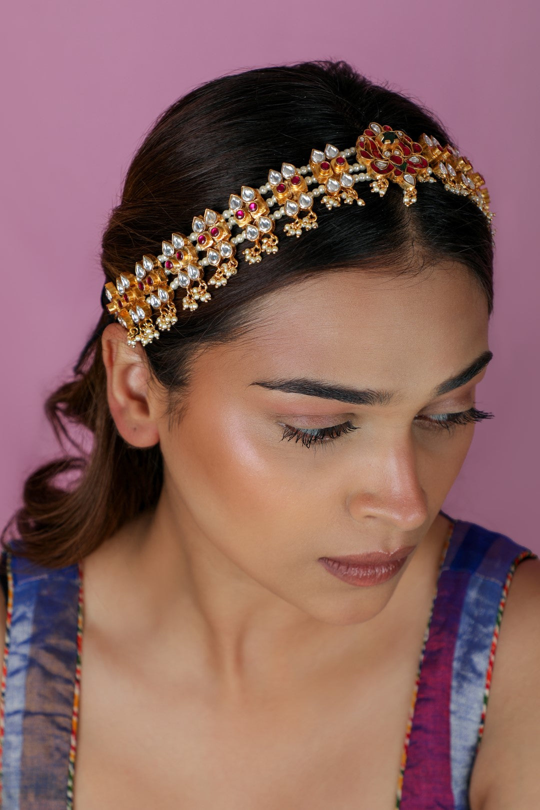 Traditional Ethnic Pink & White Pearl Hairband