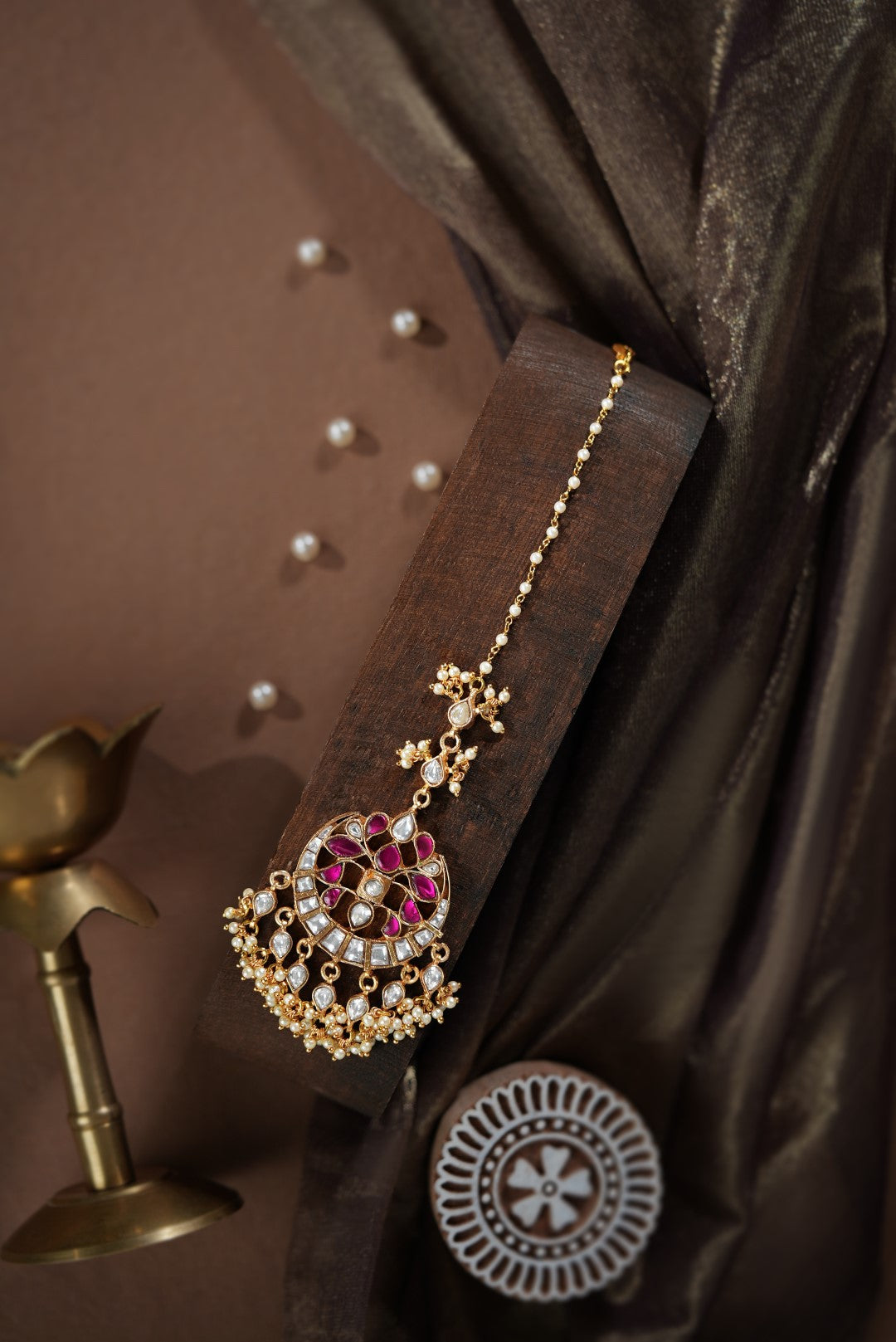 Ruby Pink Kundan & Pearl Maang Tikka