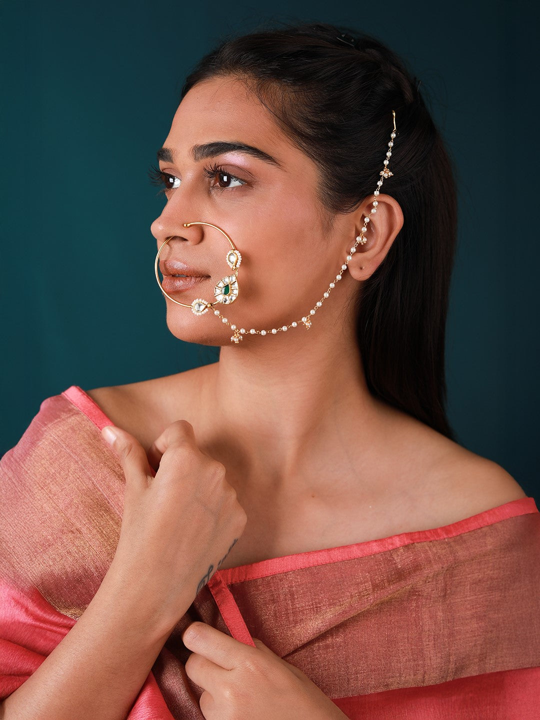 Traditional Wear Green Stone Gold Plated Nath