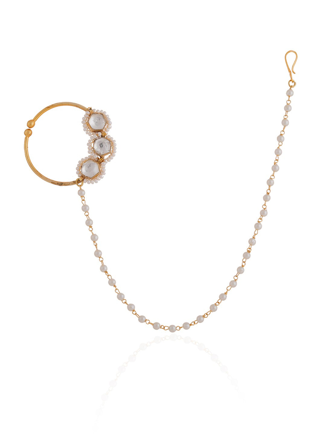 Gold Toned White Pearl Beaded Designer Nath Nose Ring With Chain