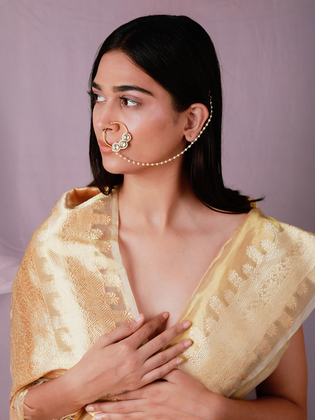 Gold Toned White Pearl Beaded Designer Nath Nose Ring With Chain