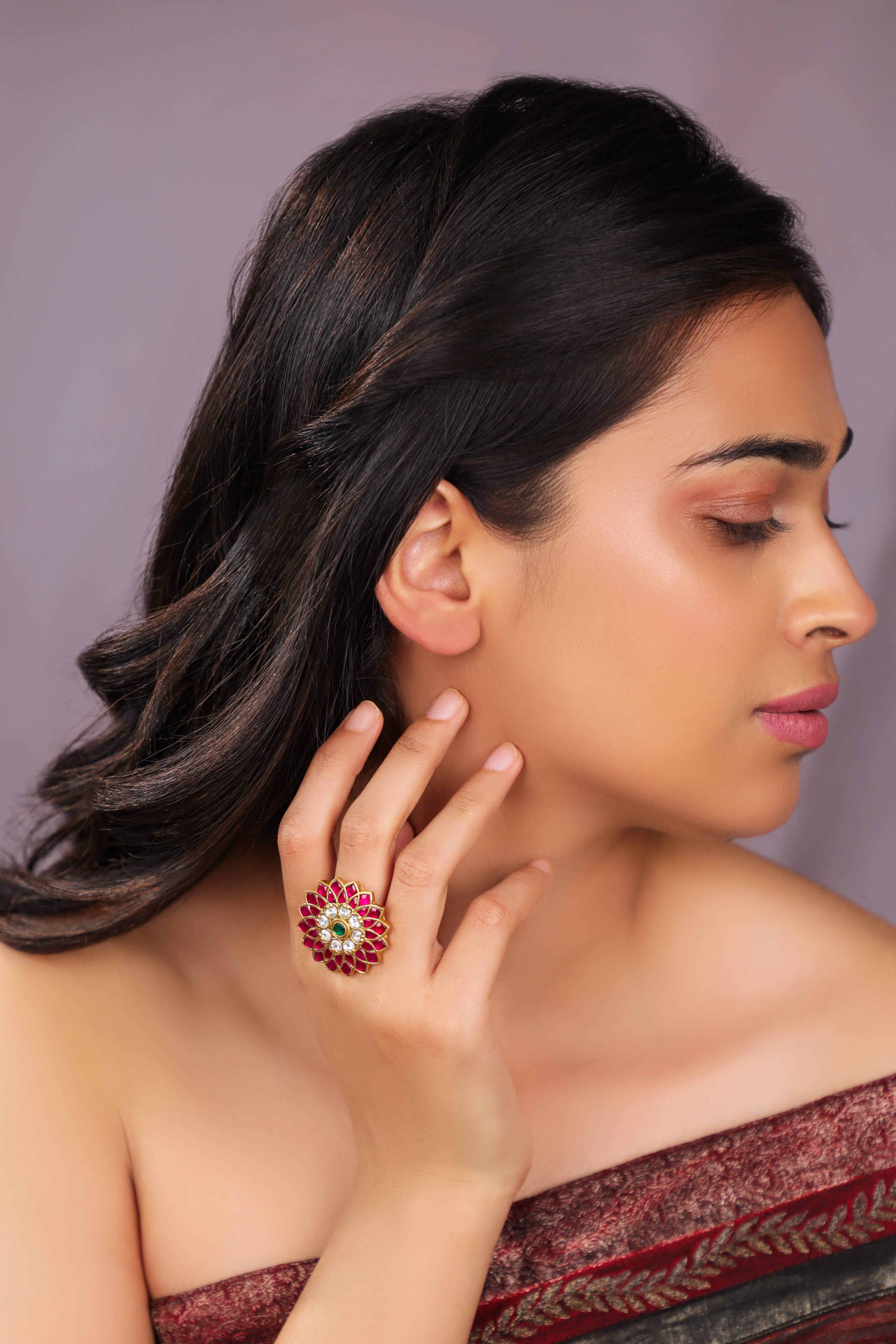 Handcrafted Pink Green floral ring