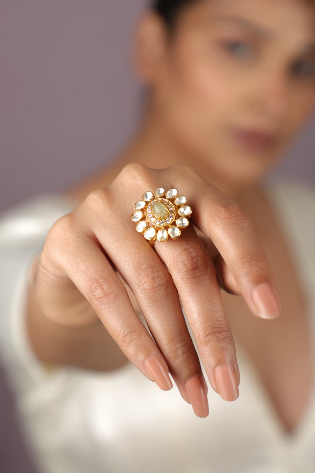 Sea green jade floral ring