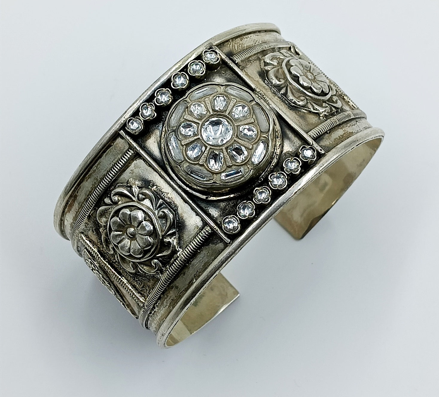 Textured Silver Statement Cuff with Kundan Accents